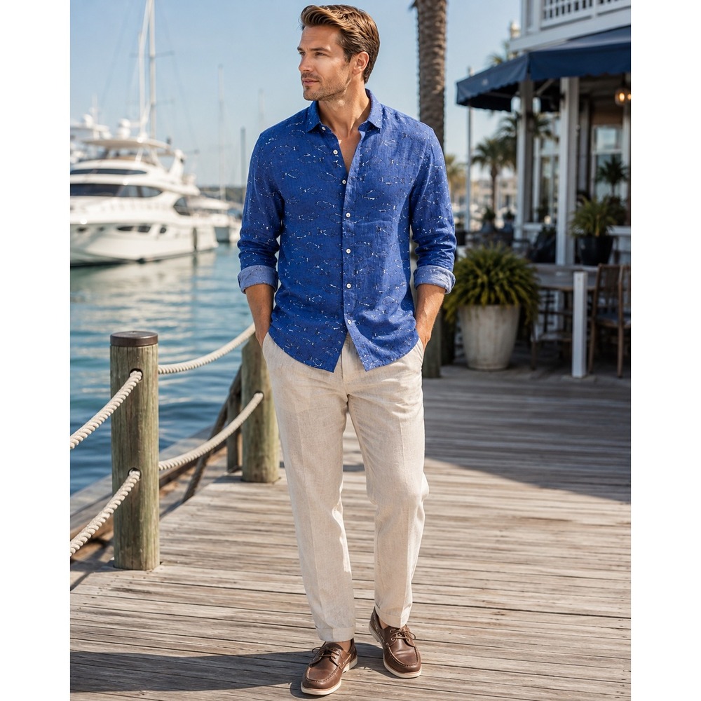 Cremieux Collection Fish Print Linen Button Down Shirt Blue Mens Large Coastal